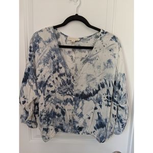 White and Blue Tie Die Quarter Sleeve Top (S)